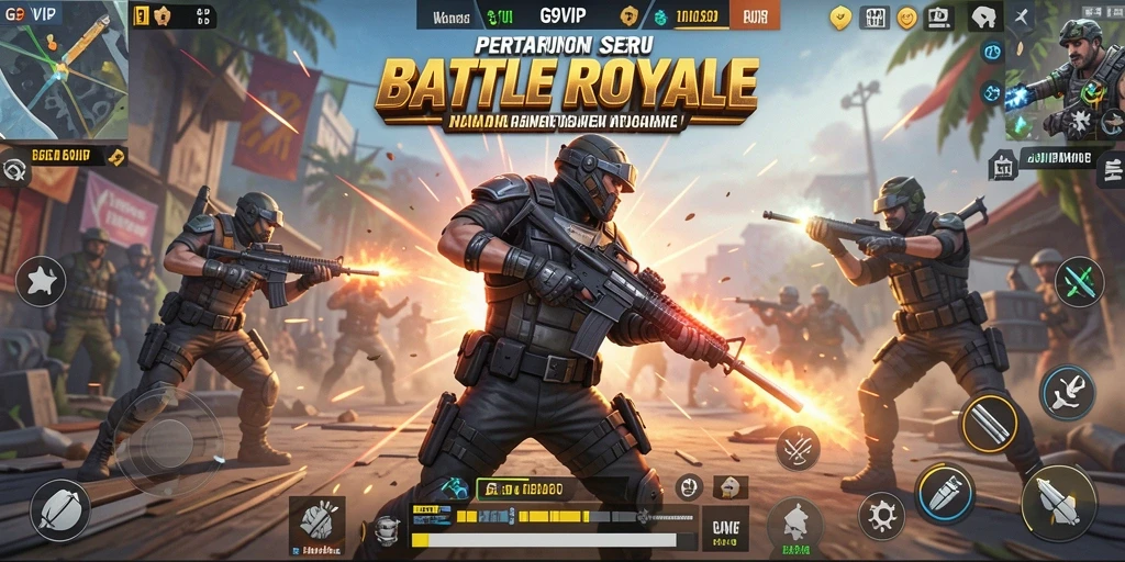 Screenshot utama G9VIP menampilkan aksi seru dengan gameplay Battle Royale.