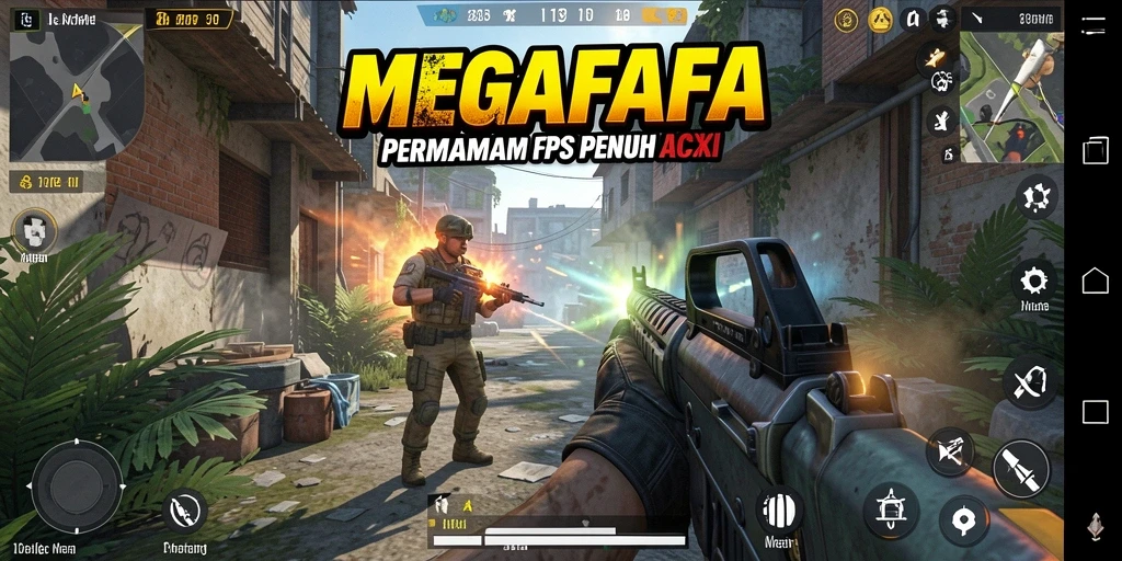 Tampilan aksi menegangkan dalam MEGAFAFA dengan gameplay FPS.