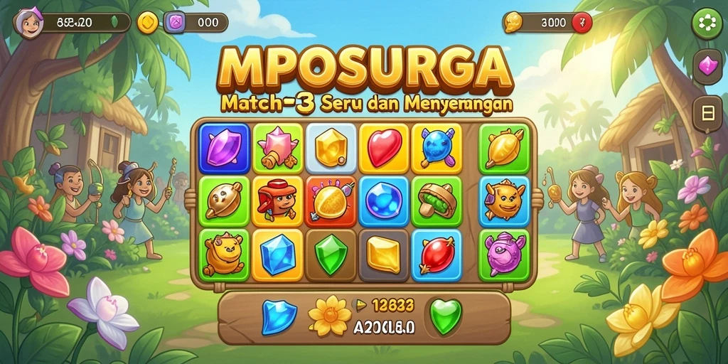 Tampilan gameplay seru MPOSURGA dengan permata berwarna-warni.