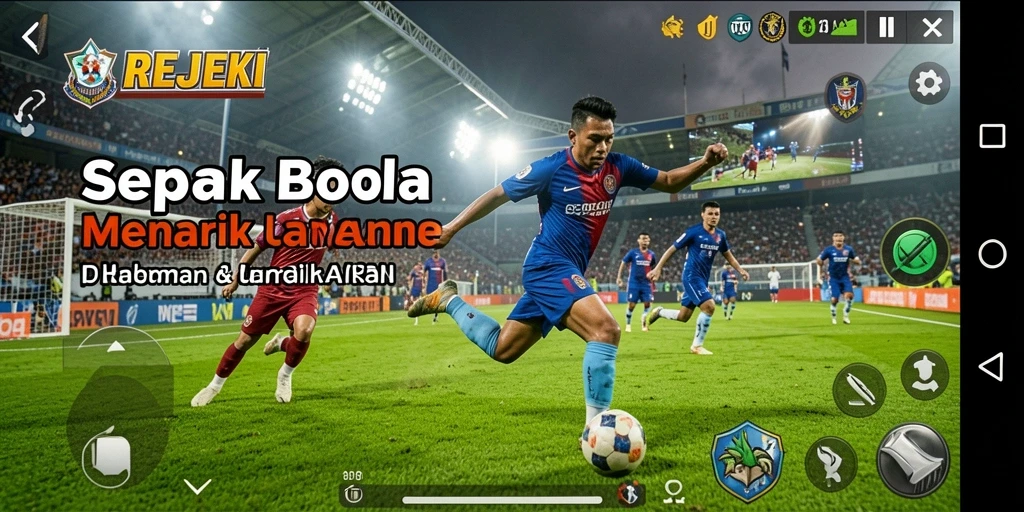 Screenshot utama menampilkan aksi pertandingan seru dalam game sepak bola.